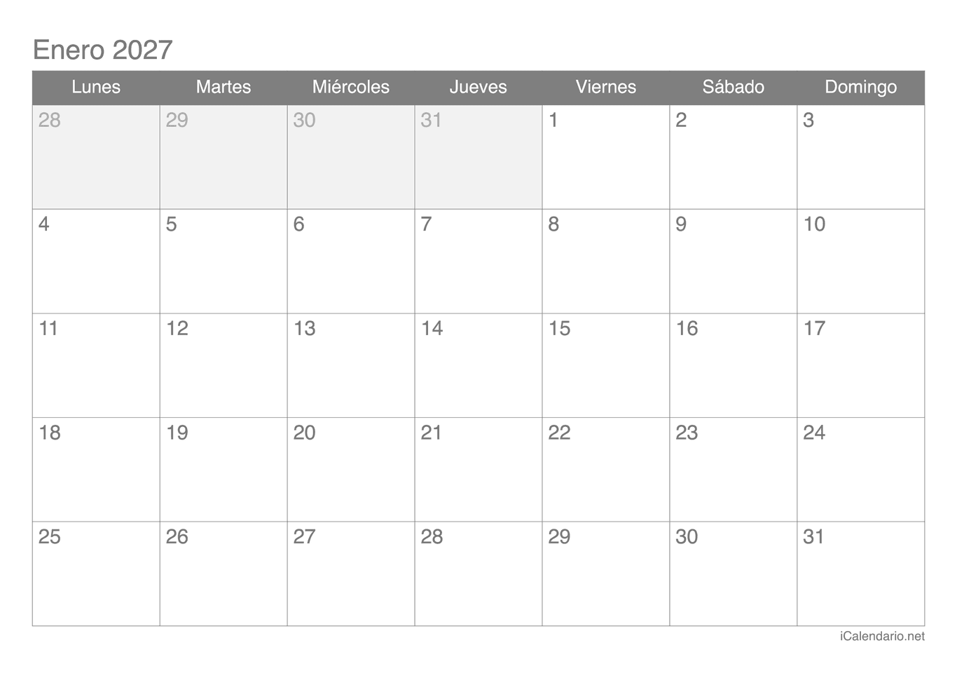 Calendario por mes 2027