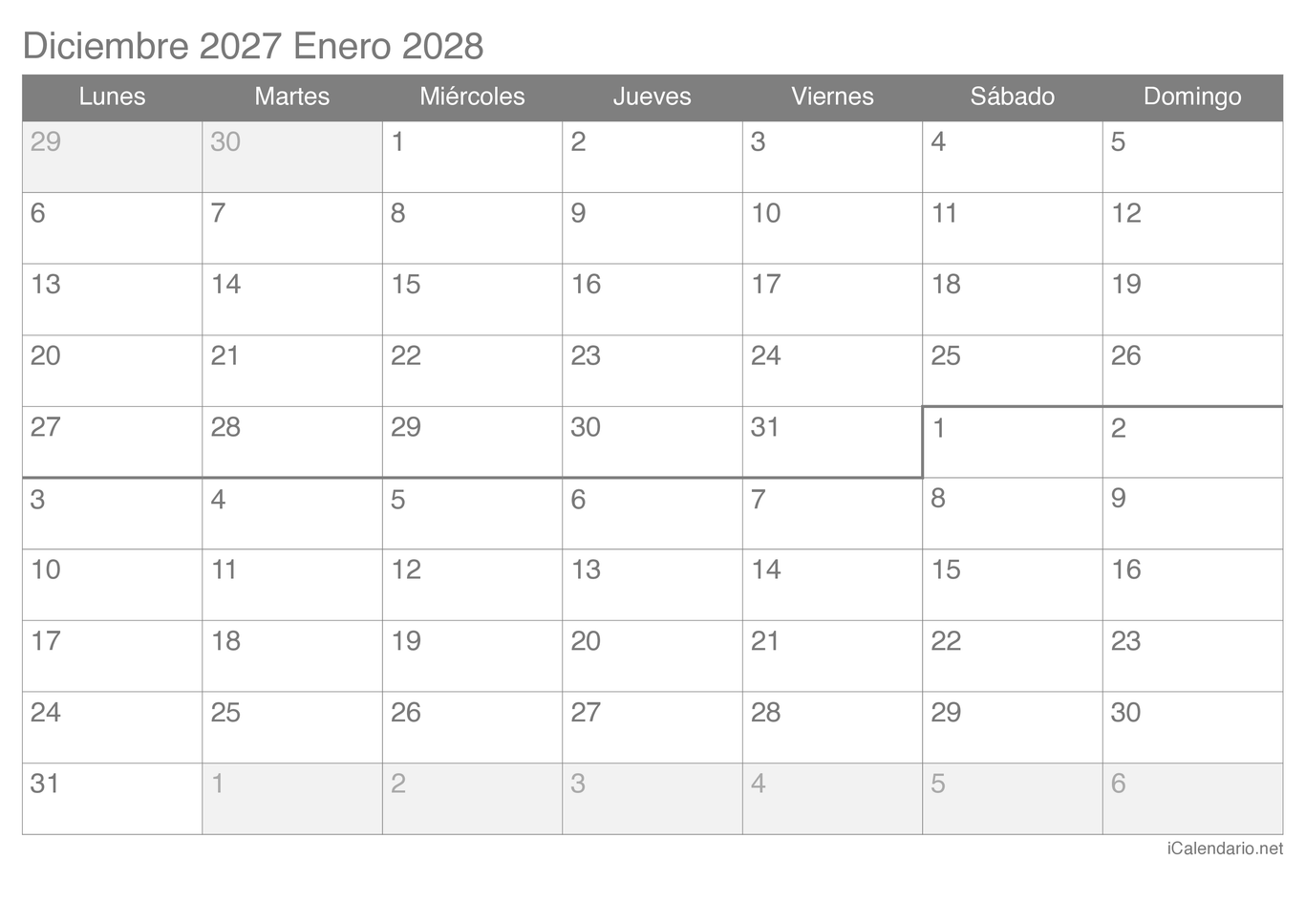 Calendario de diciembre enero 2027