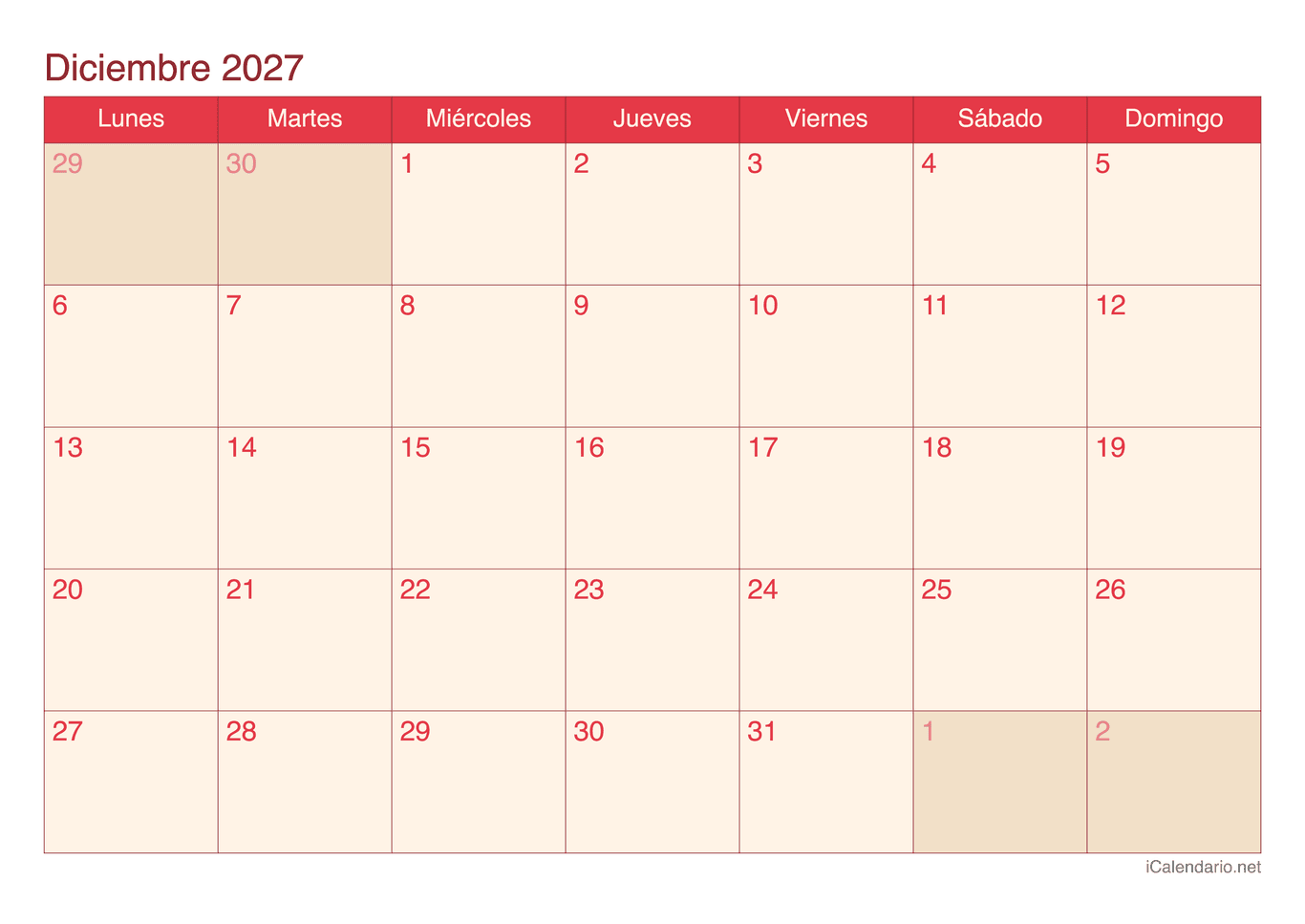 Calendario de diciembre 2027 - Cherry