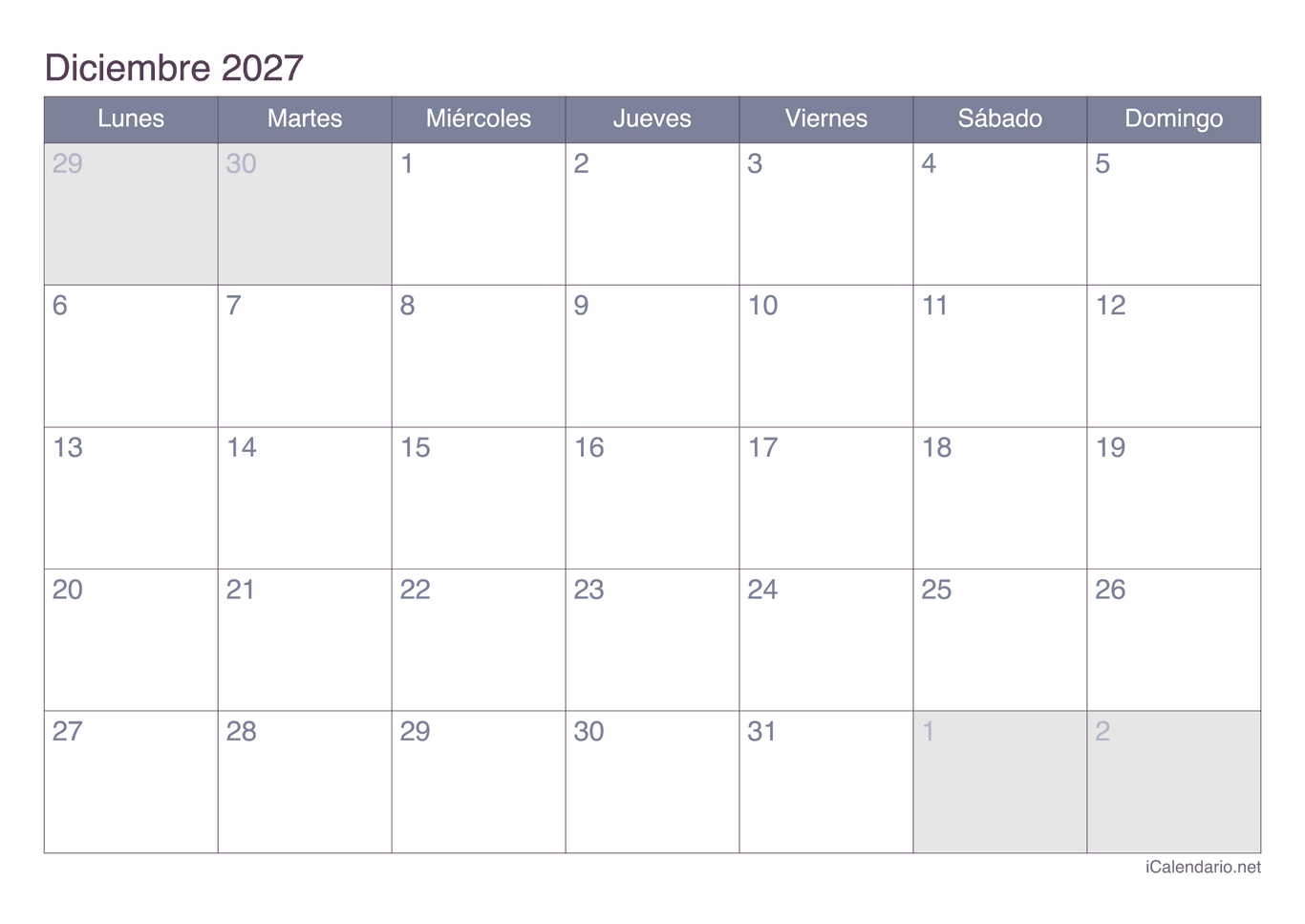 Calendario de diciembre 2027 - Office