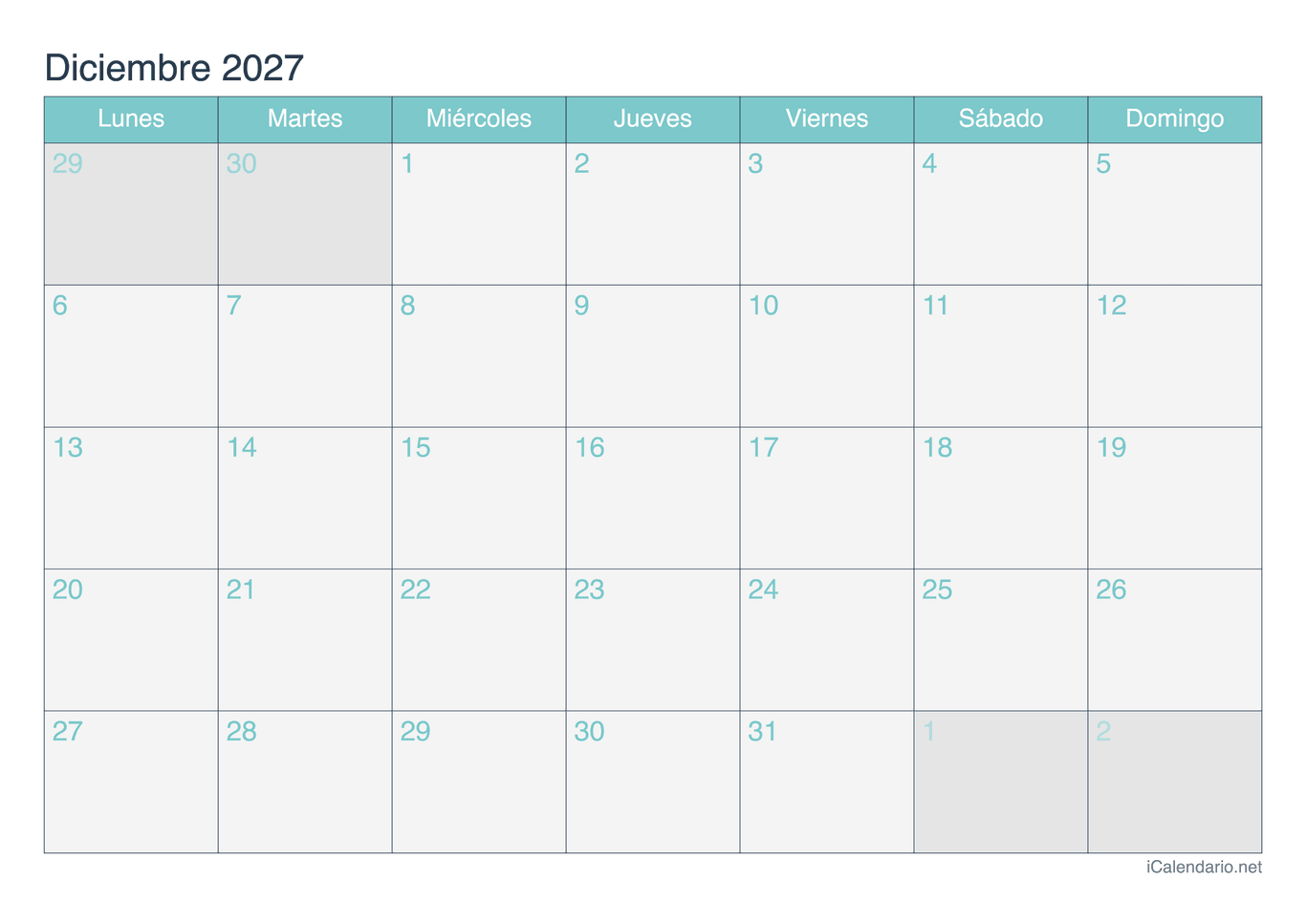 Calendario de diciembre 2027 - Turquesa