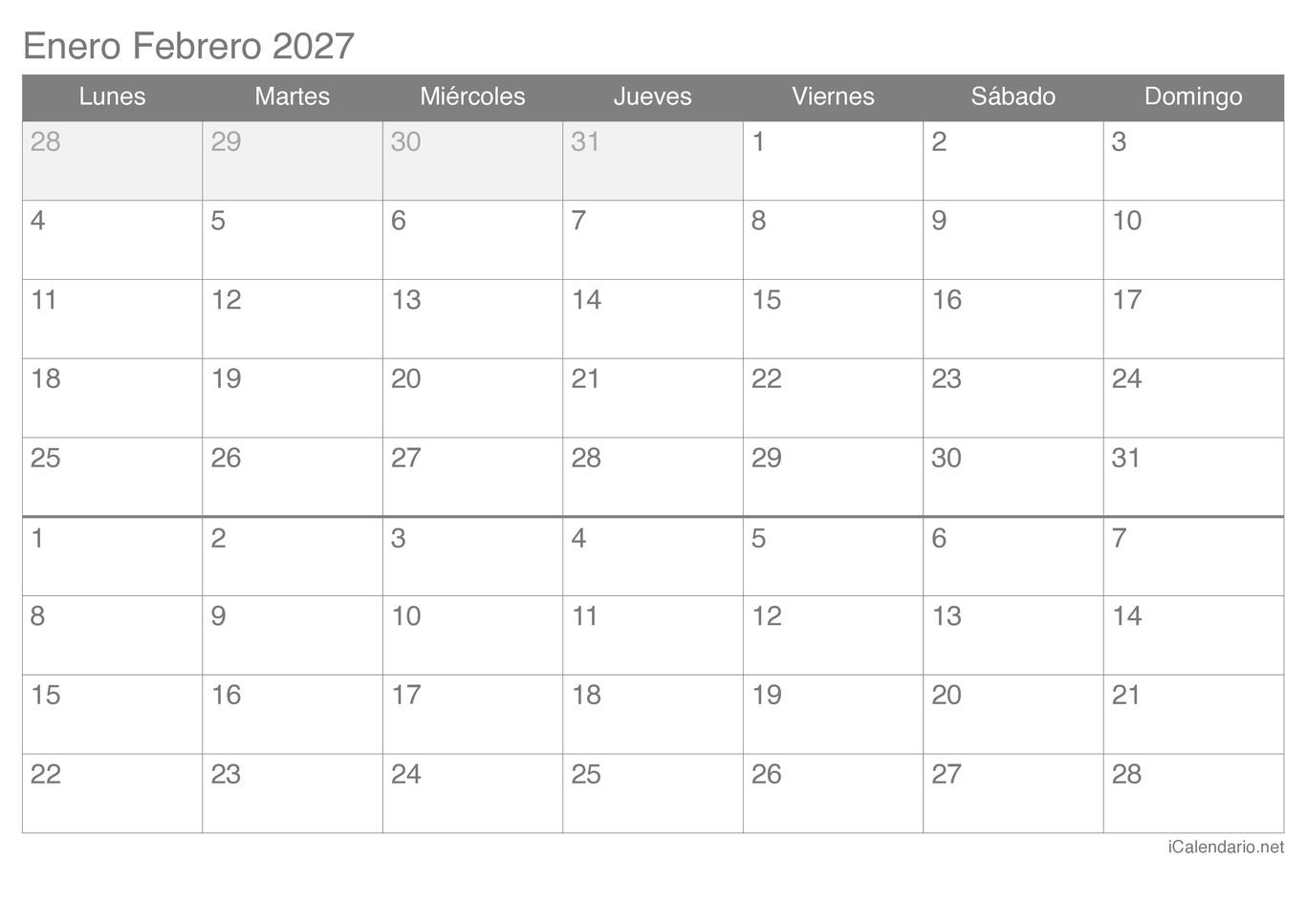 Calendario de enero febrero 2027