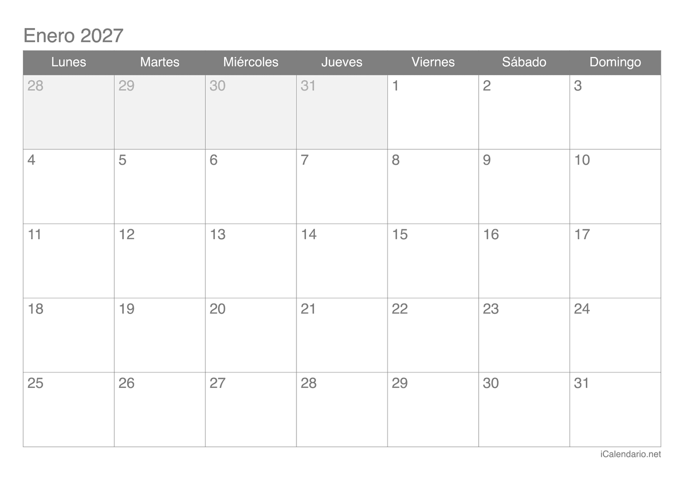 Calendario de enero 2027