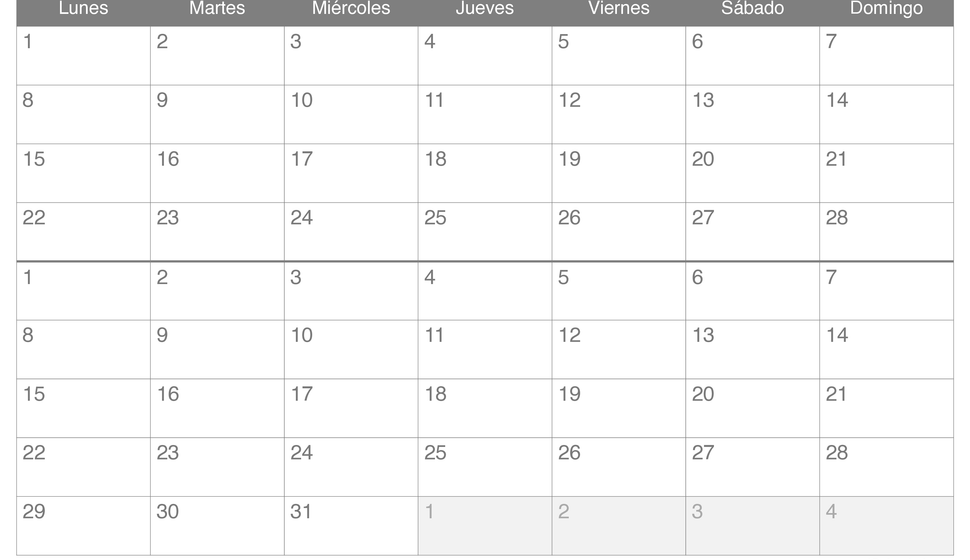 Calendario de febrero marzo 2027