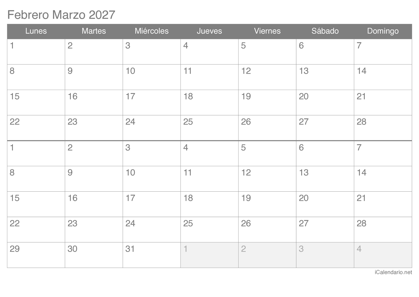 Calendario de febrero marzo 2027