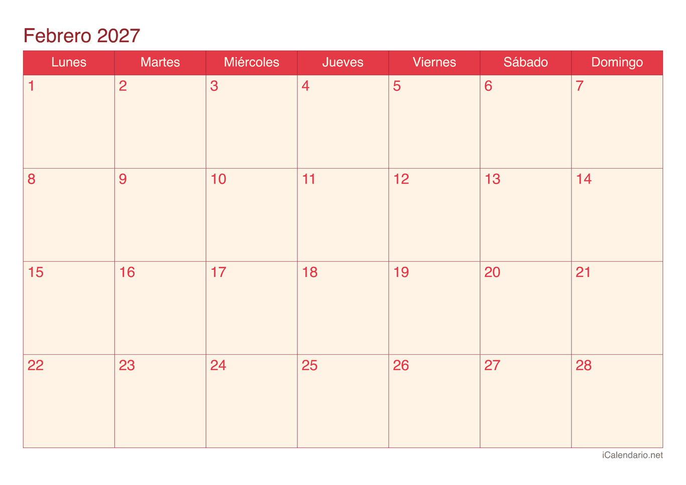 Calendario de febrero 2027 - Cherry