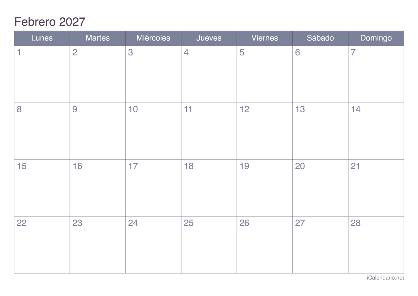 Calendario de febrero 2027 - Office