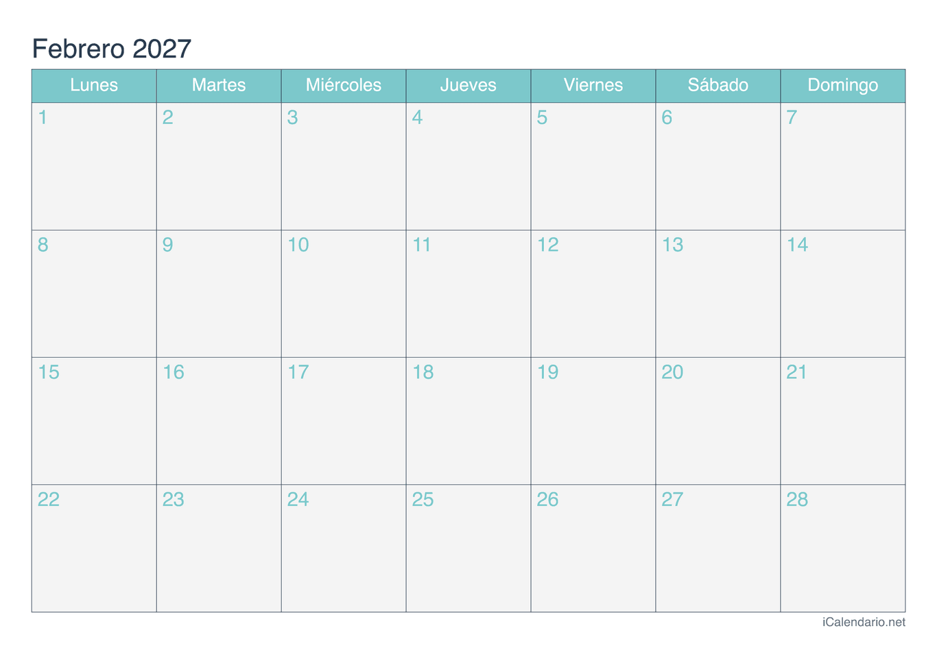 Calendario de febrero 2027 - Turquesa