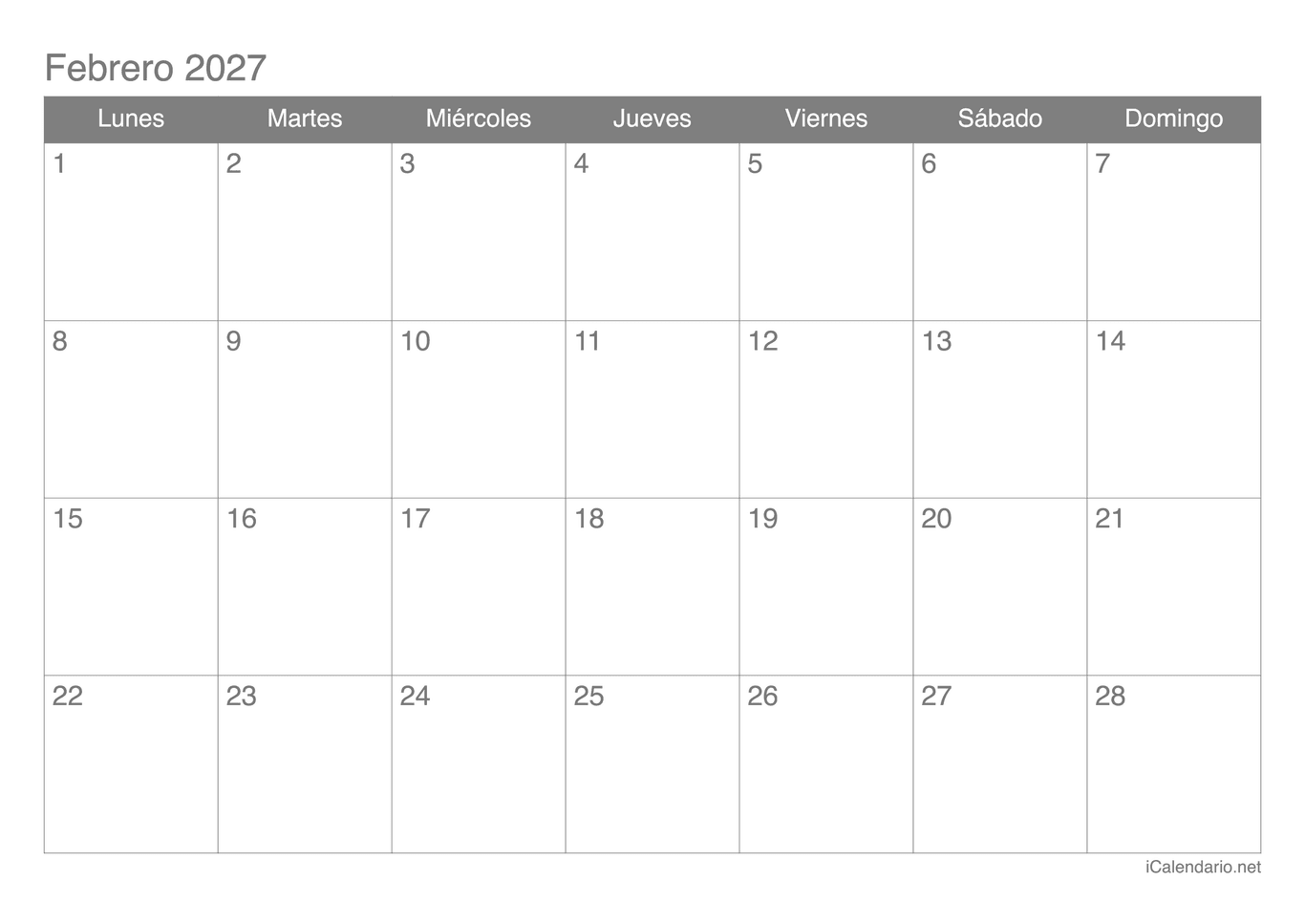 Calendario de febrero 2027