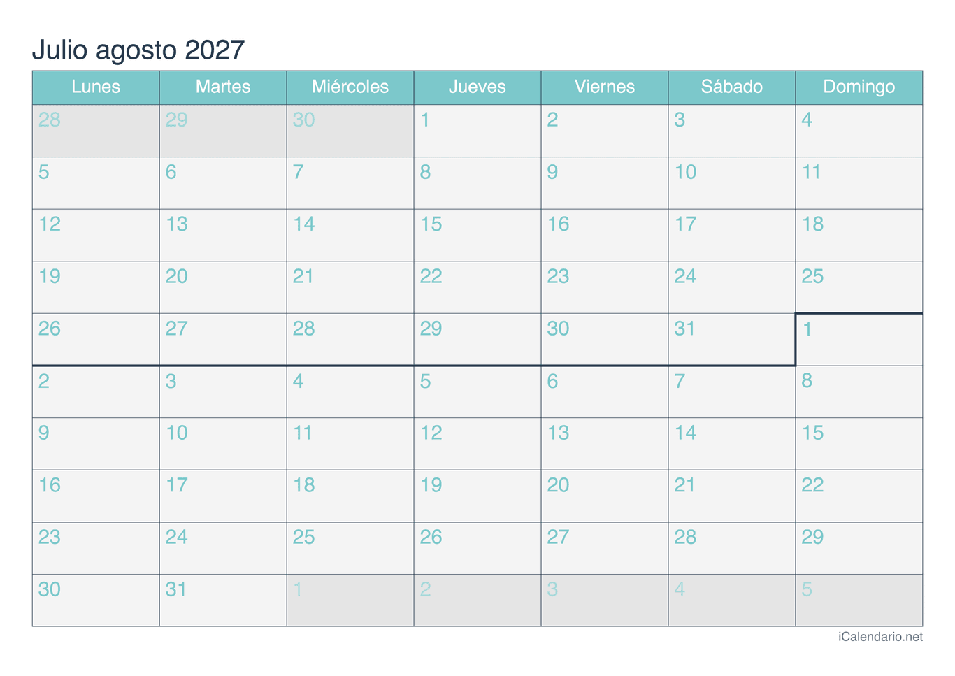 Calendario de julio agosto 2027 - Turquesa