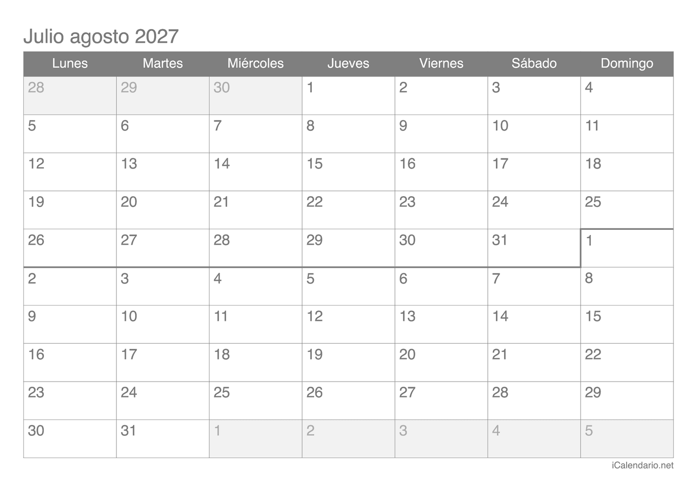 Calendario de julio agosto 2027