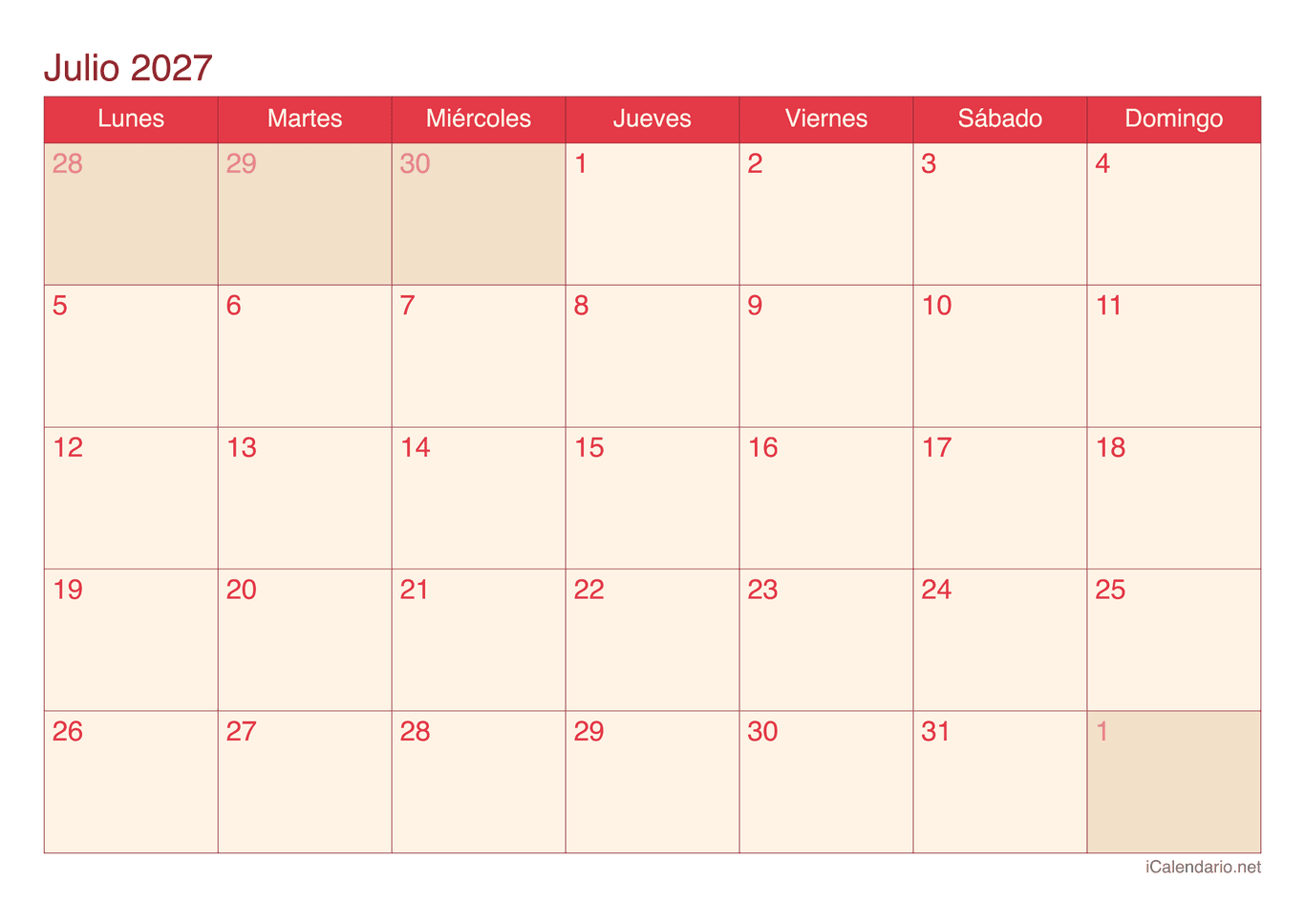 Calendario de julio 2027 - Cherry