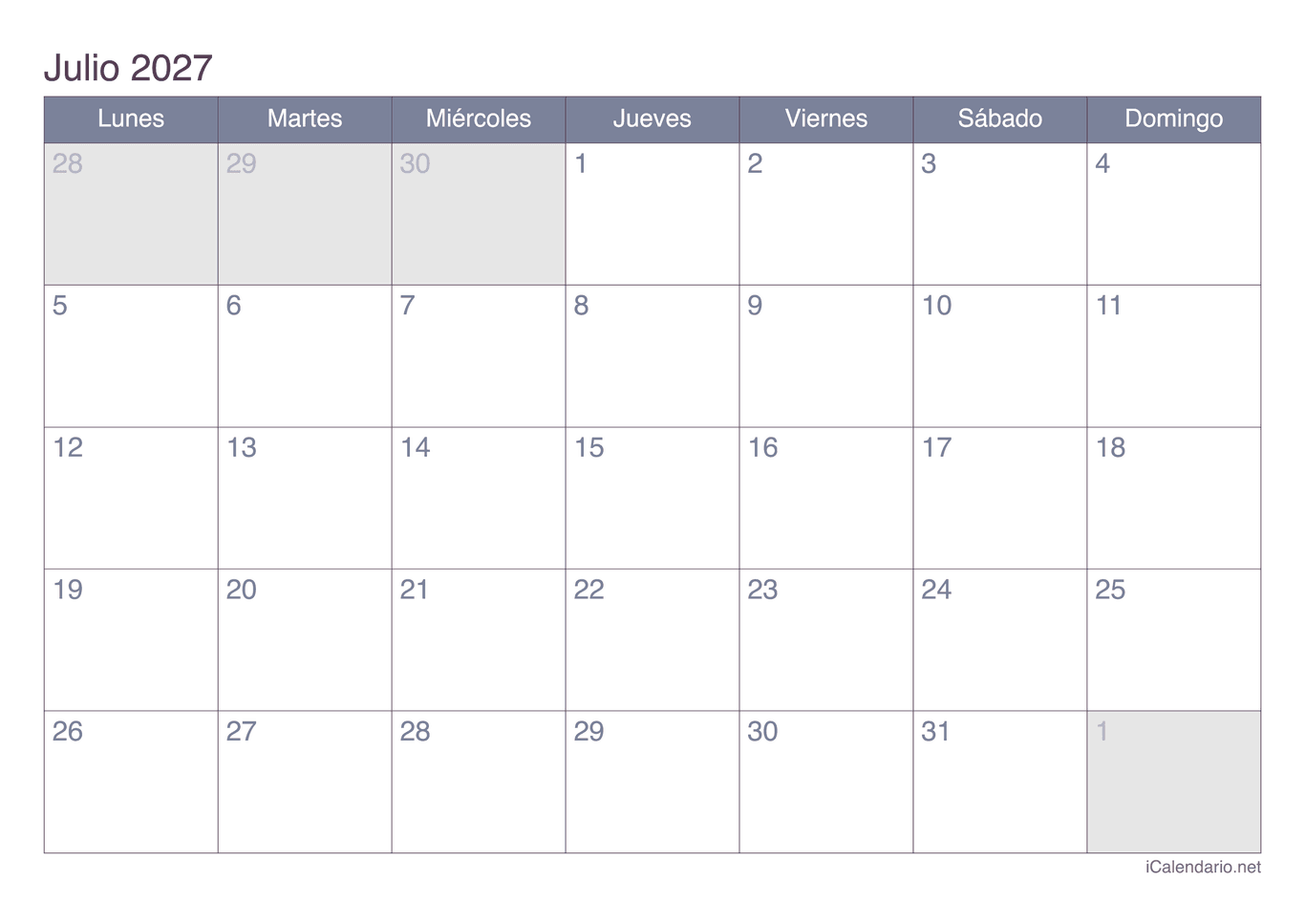 Calendario de julio 2027 - Office