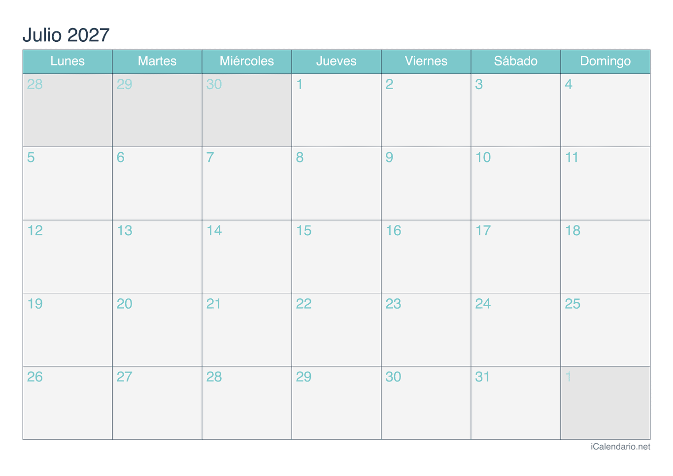 Calendario de julio 2027 - Turquesa