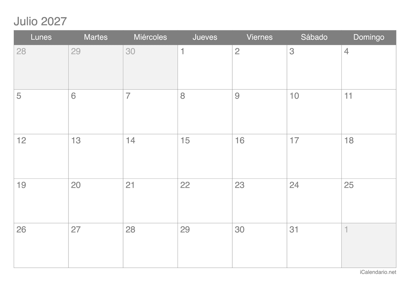 Calendario de julio 2027