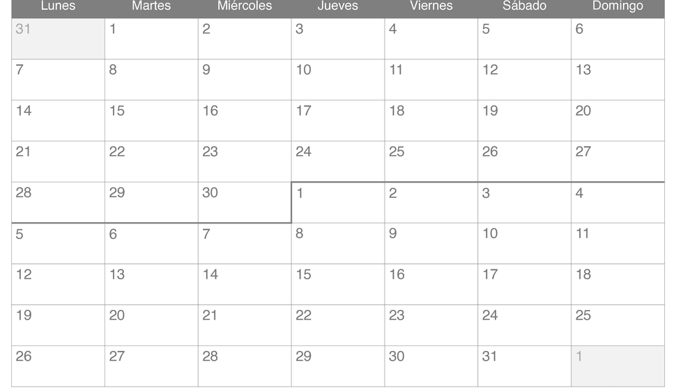 Calendario de junio julio 2027