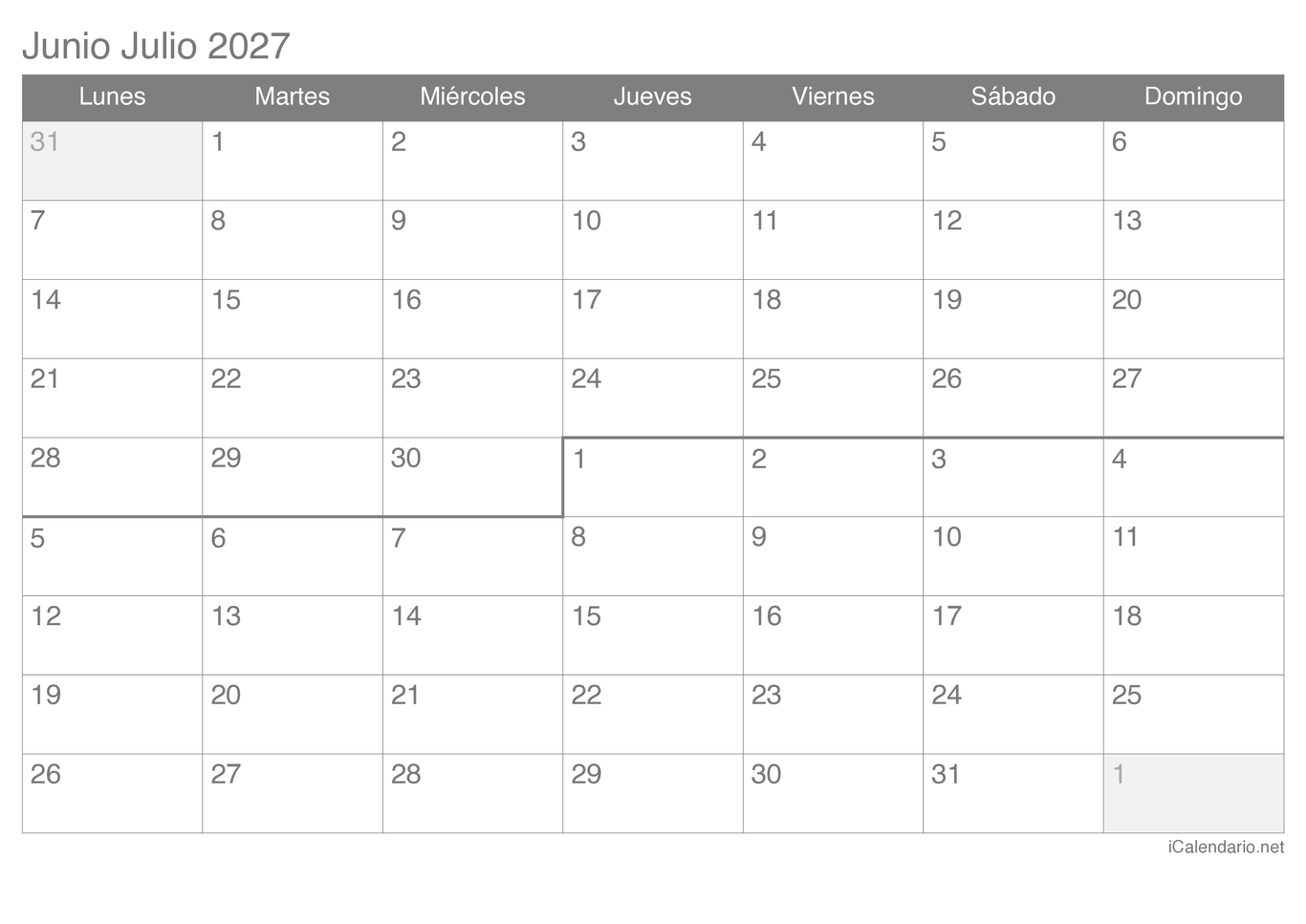 Calendario de junio julio 2027