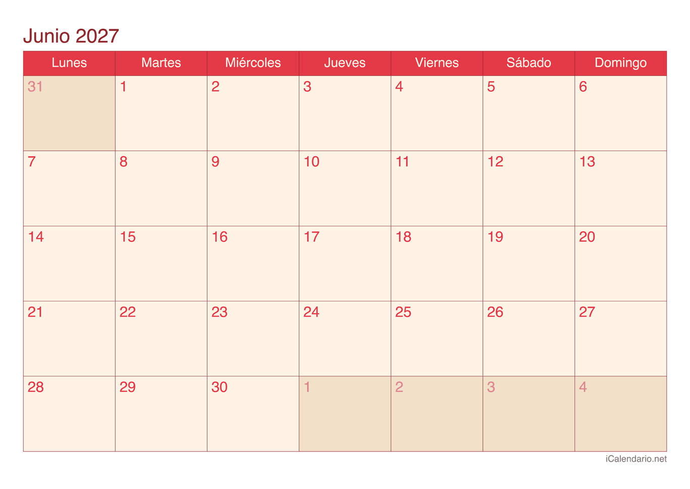 Calendario de junio 2027 - Cherry