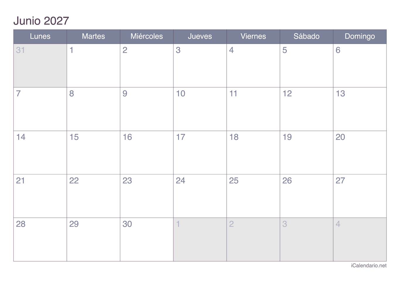 Calendario de junio 2027 - Office