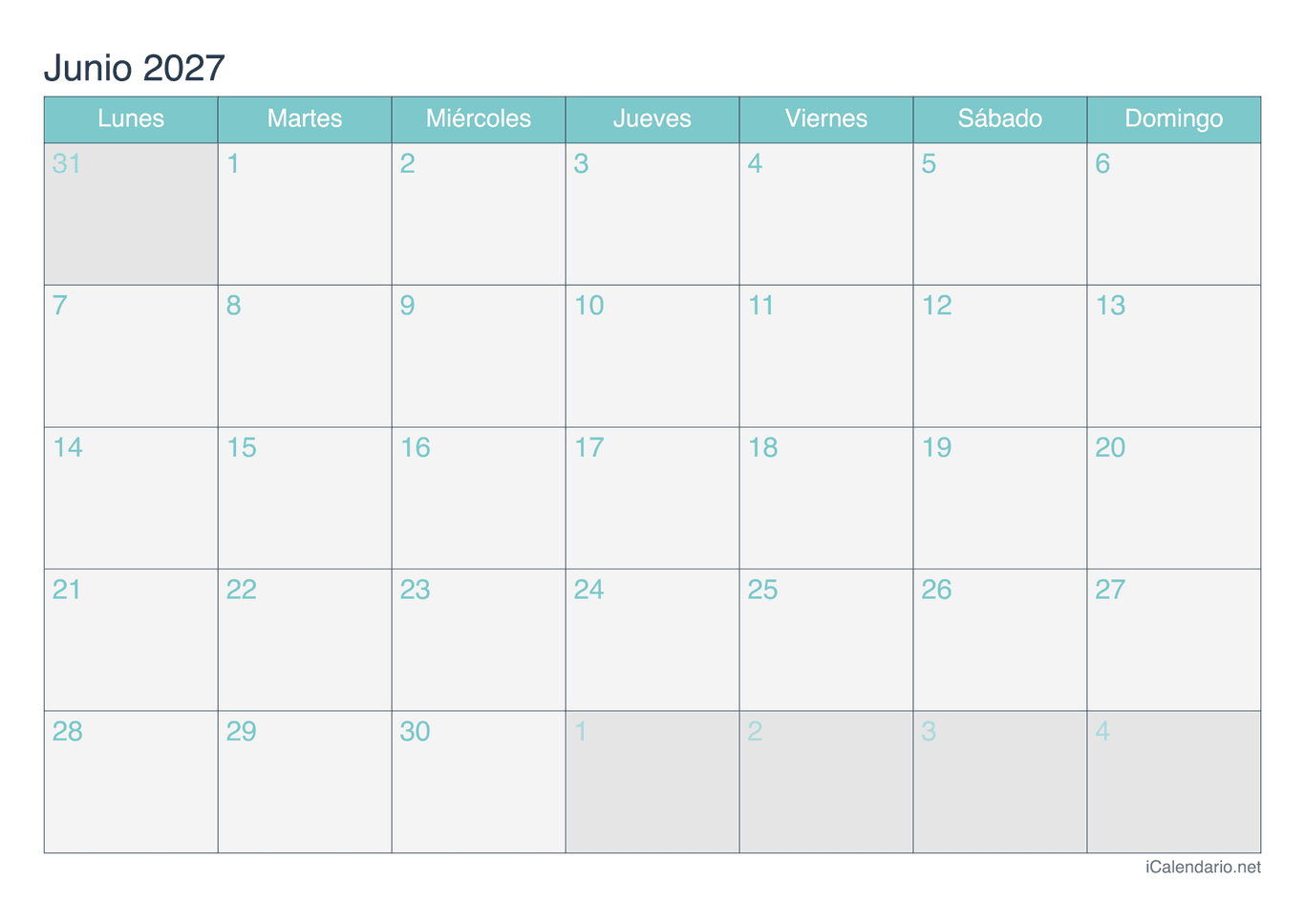 Calendario de junio 2027 - Turquesa