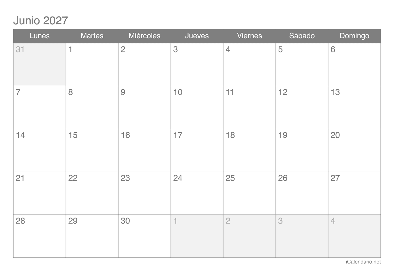 Calendario de junio 2027