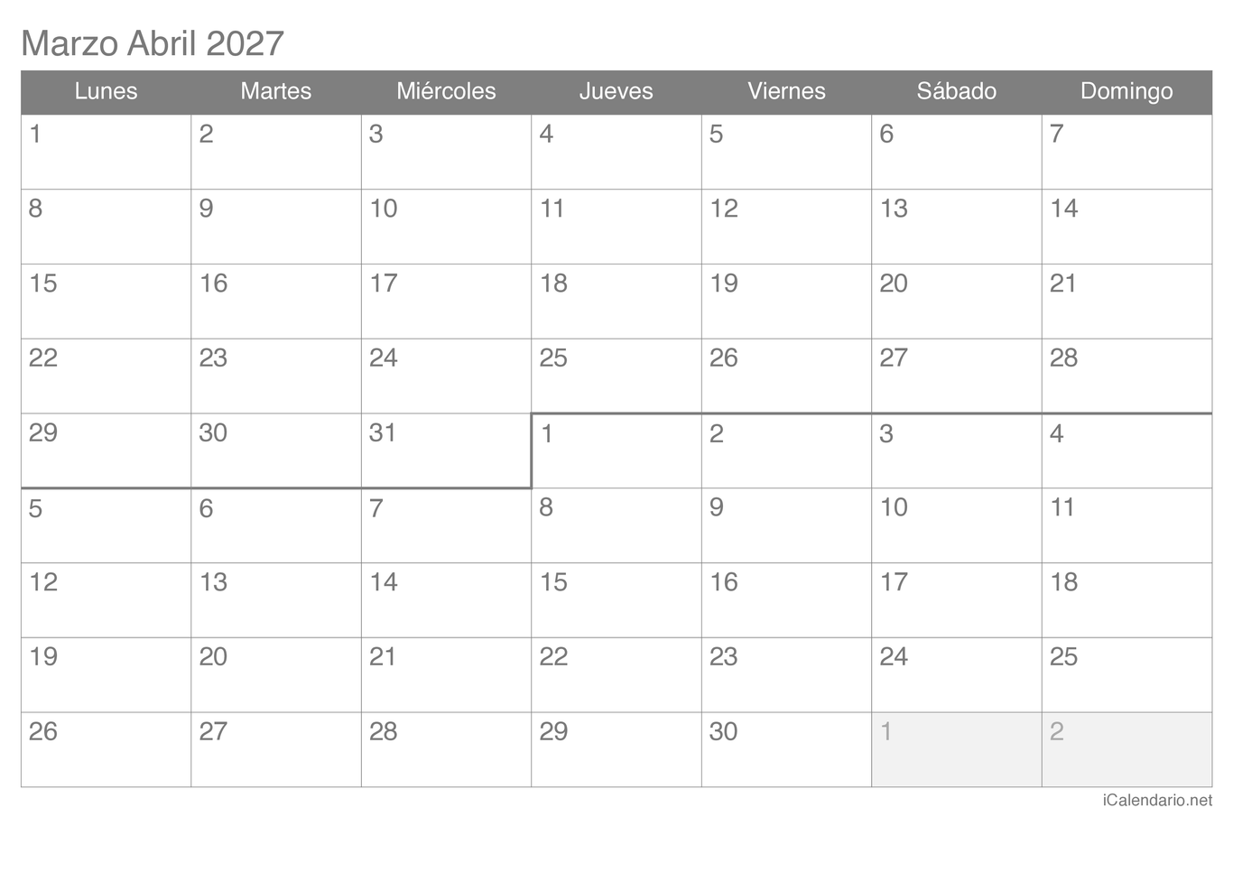 Calendario de marzo abril 2027
