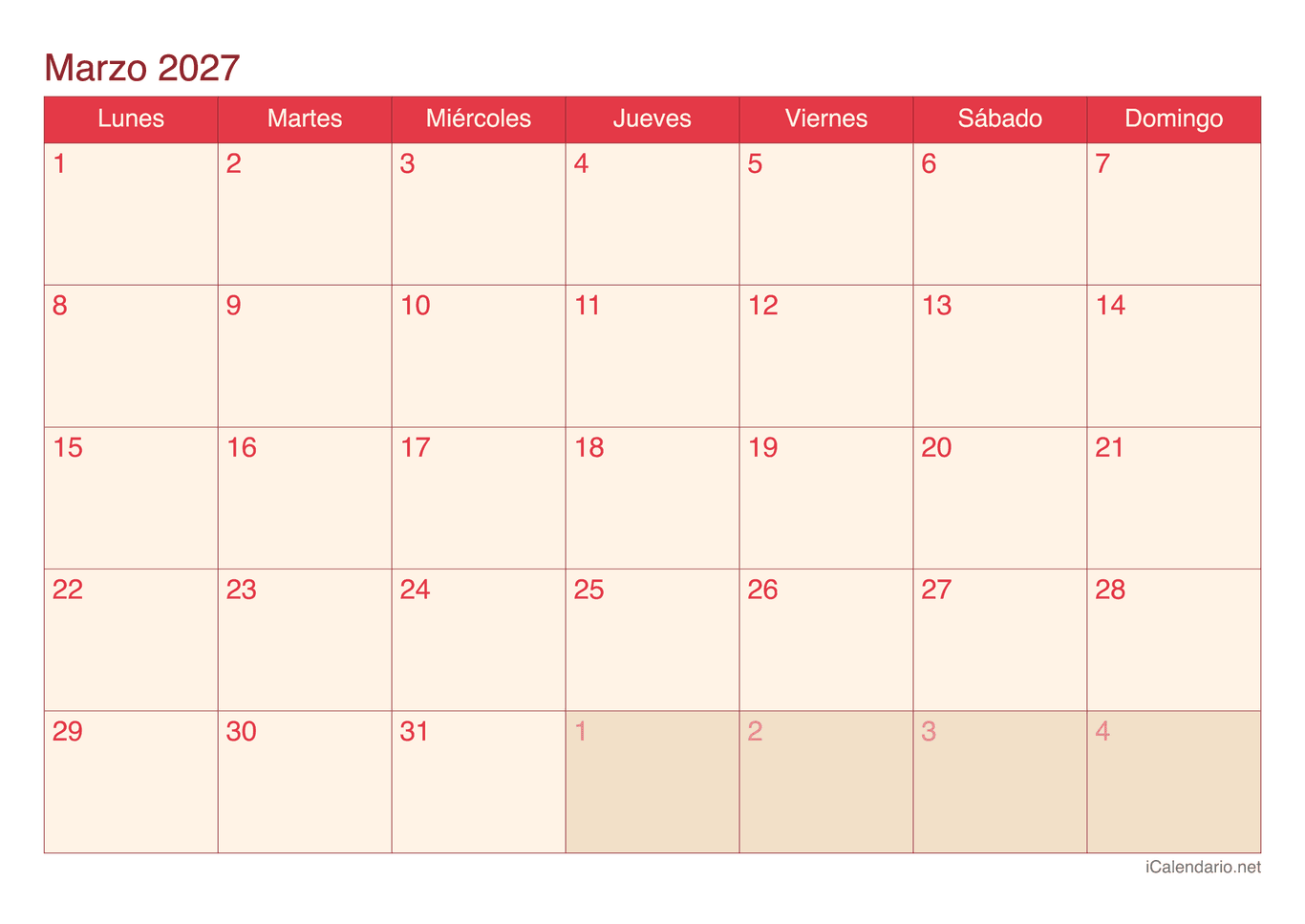 Calendario de marzo 2027 - Cherry