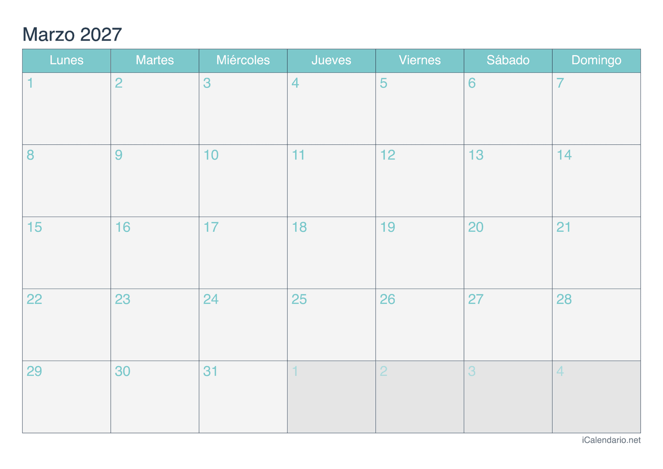 Calendario de marzo 2027 - Turquesa