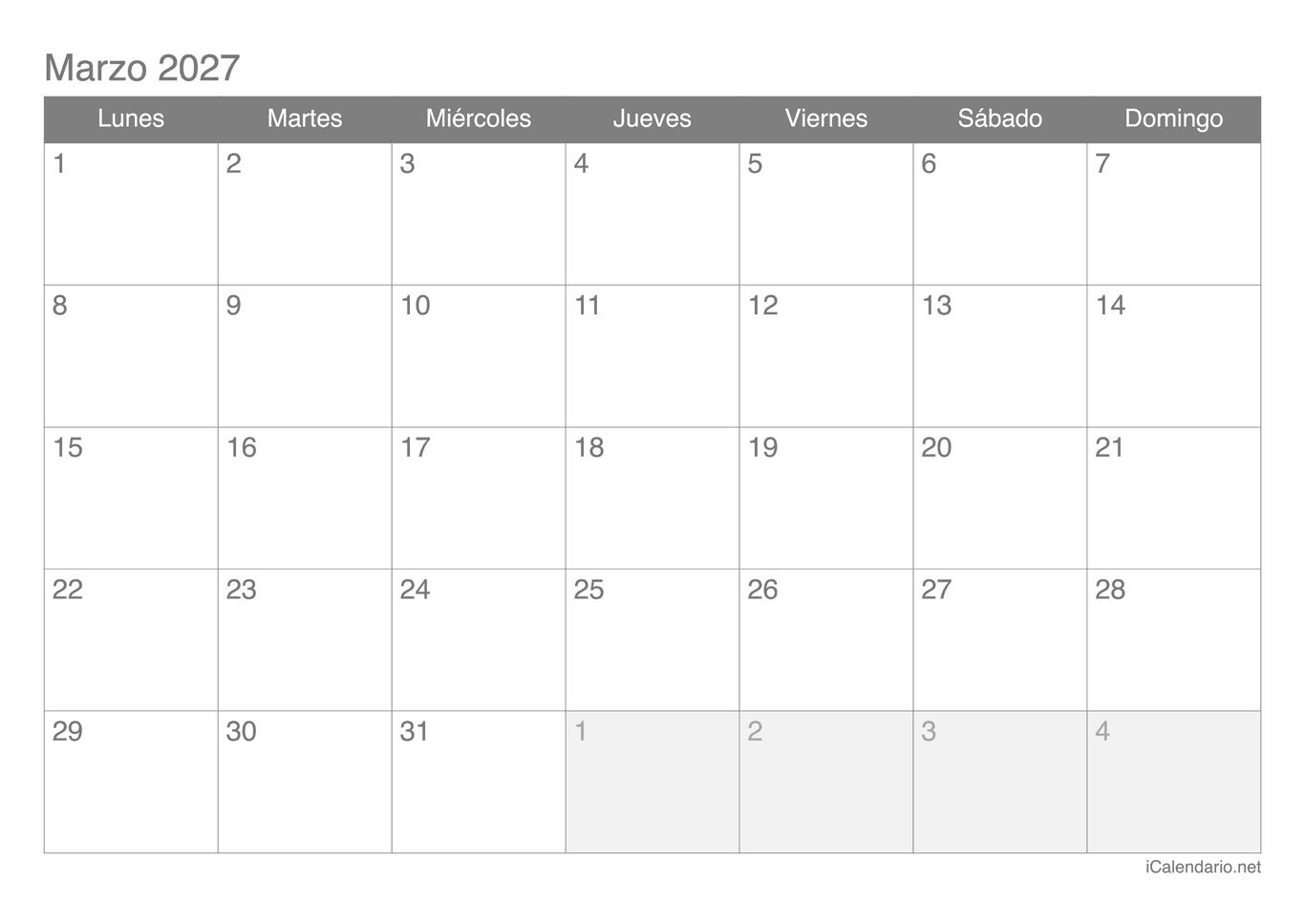 Calendario de marzo 2027