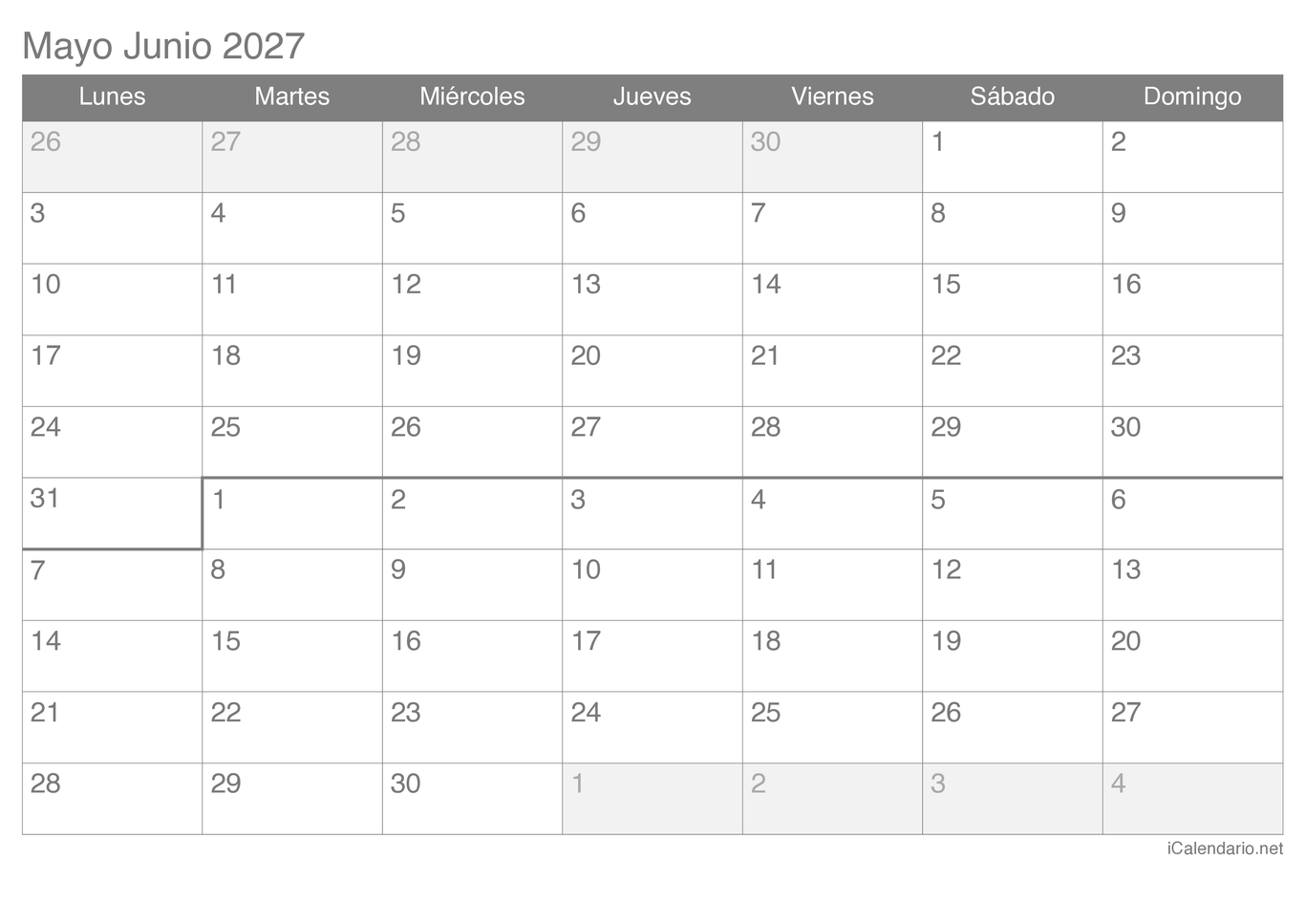 Calendario de mayo junio 2027