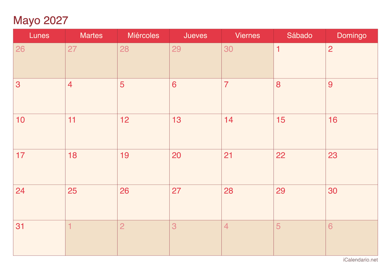 Calendario de mayo 2027 - Cherry