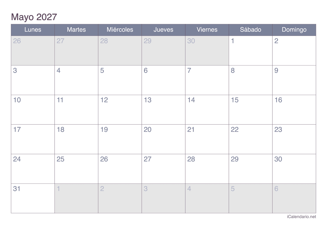 Calendario de mayo 2027 - Office