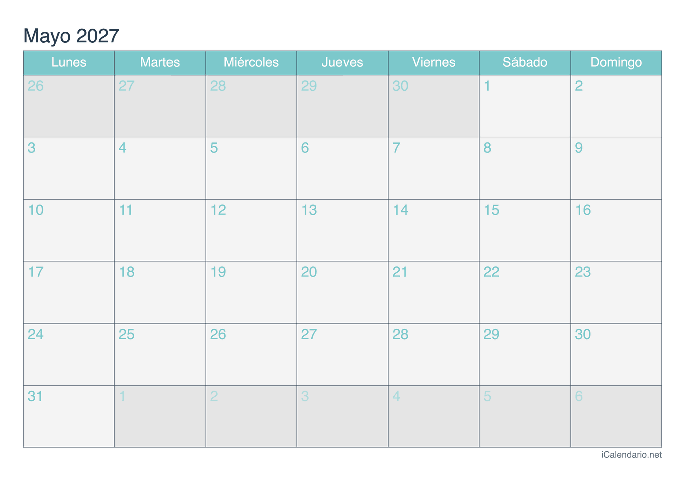 Calendario de mayo 2027 - Turquesa
