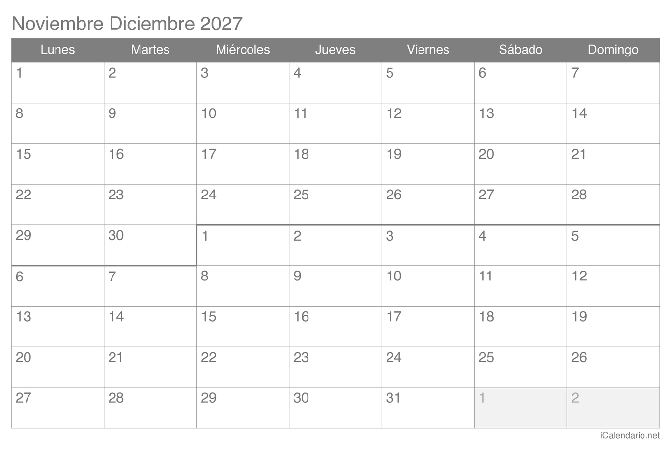 Calendario de noviembre diciembre 2027