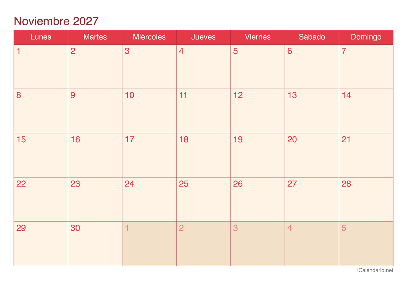 Calendario de noviembre 2027 - Cherry