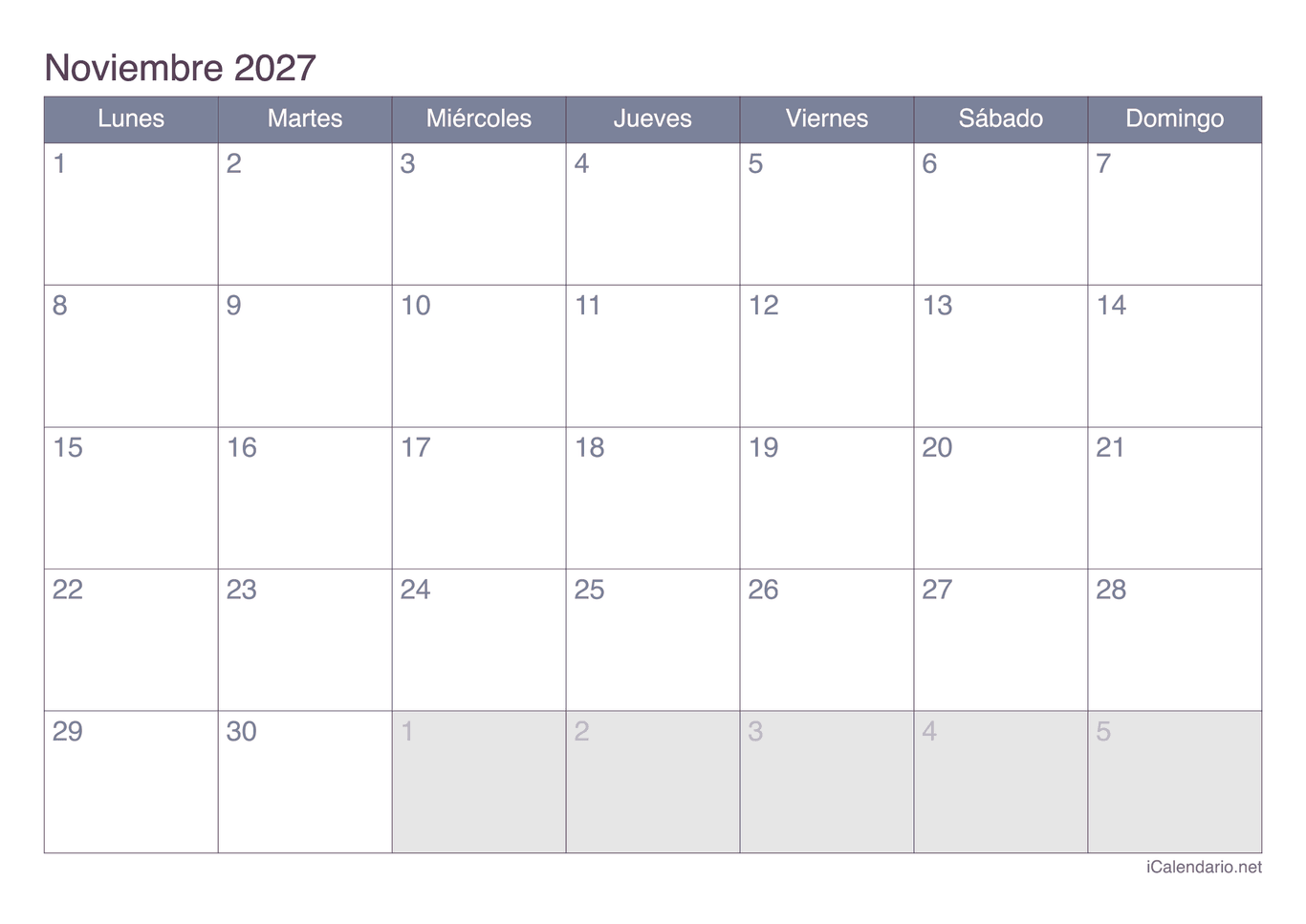 Calendario de noviembre 2027 - Office