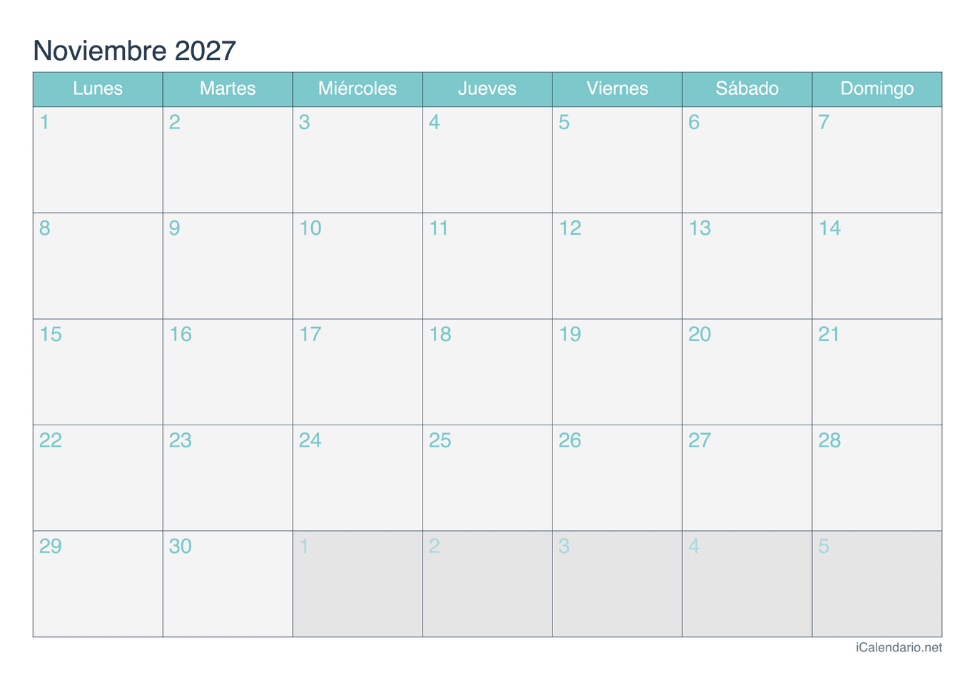 Calendario de noviembre 2027 - Turquesa