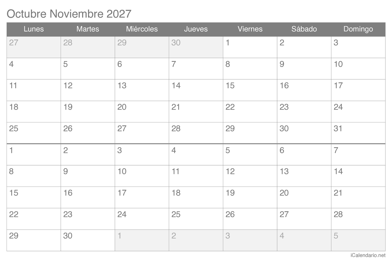 Calendario de octubre noviembre 2027