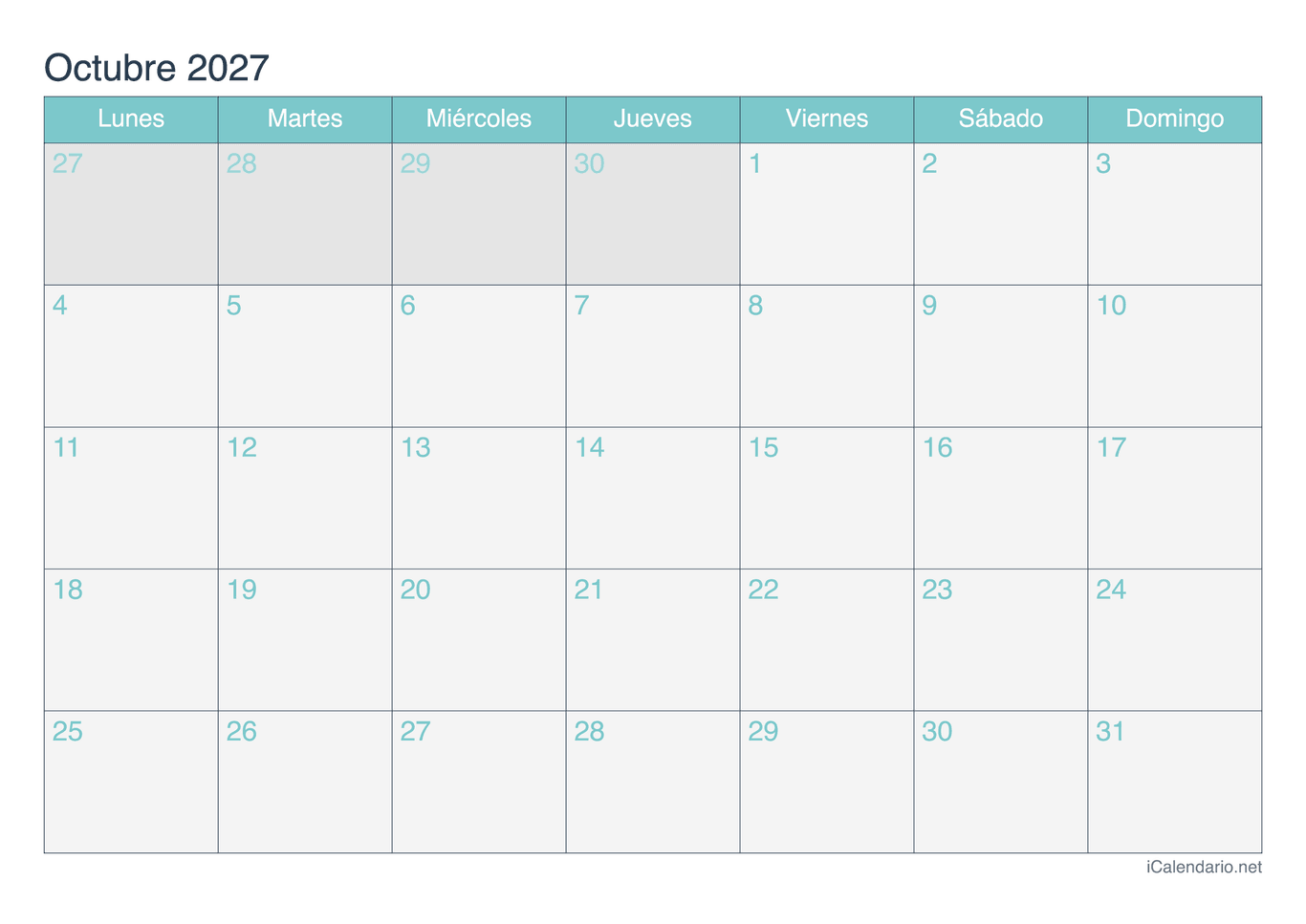 Calendario de octubre 2027 - Turquesa