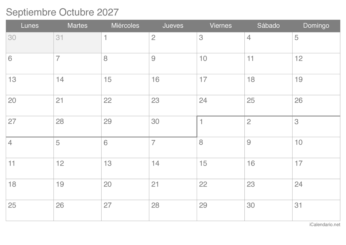 Calendario de septiembre octubre 2027