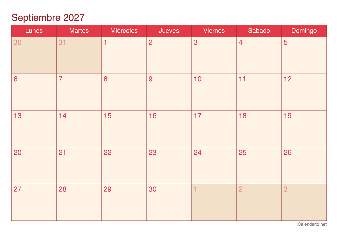 Calendario de septiembre 2027 - Cherry