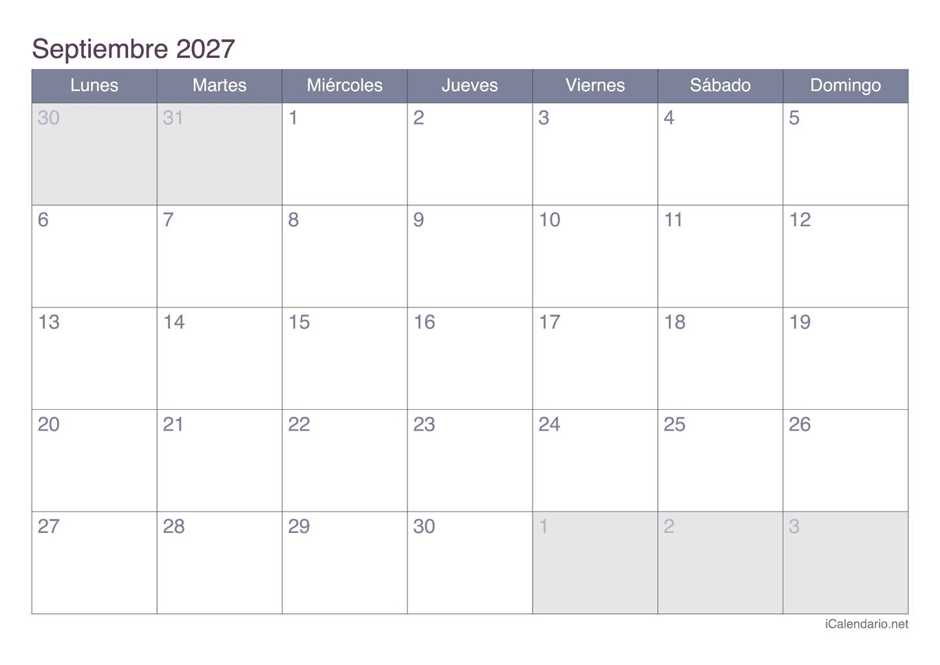 Calendario de septiembre 2027 - Office