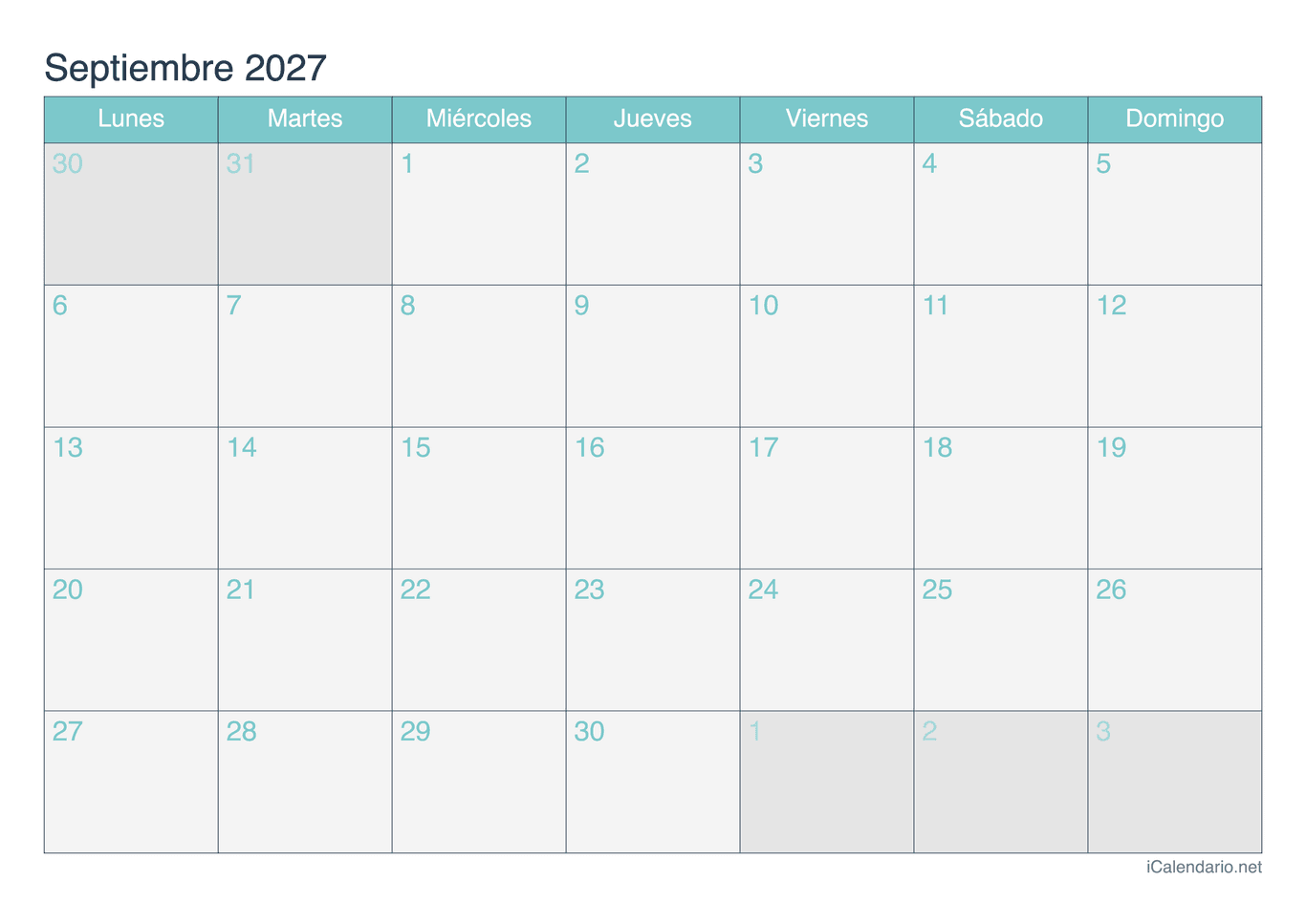 Calendario de septiembre 2027 - Turquesa