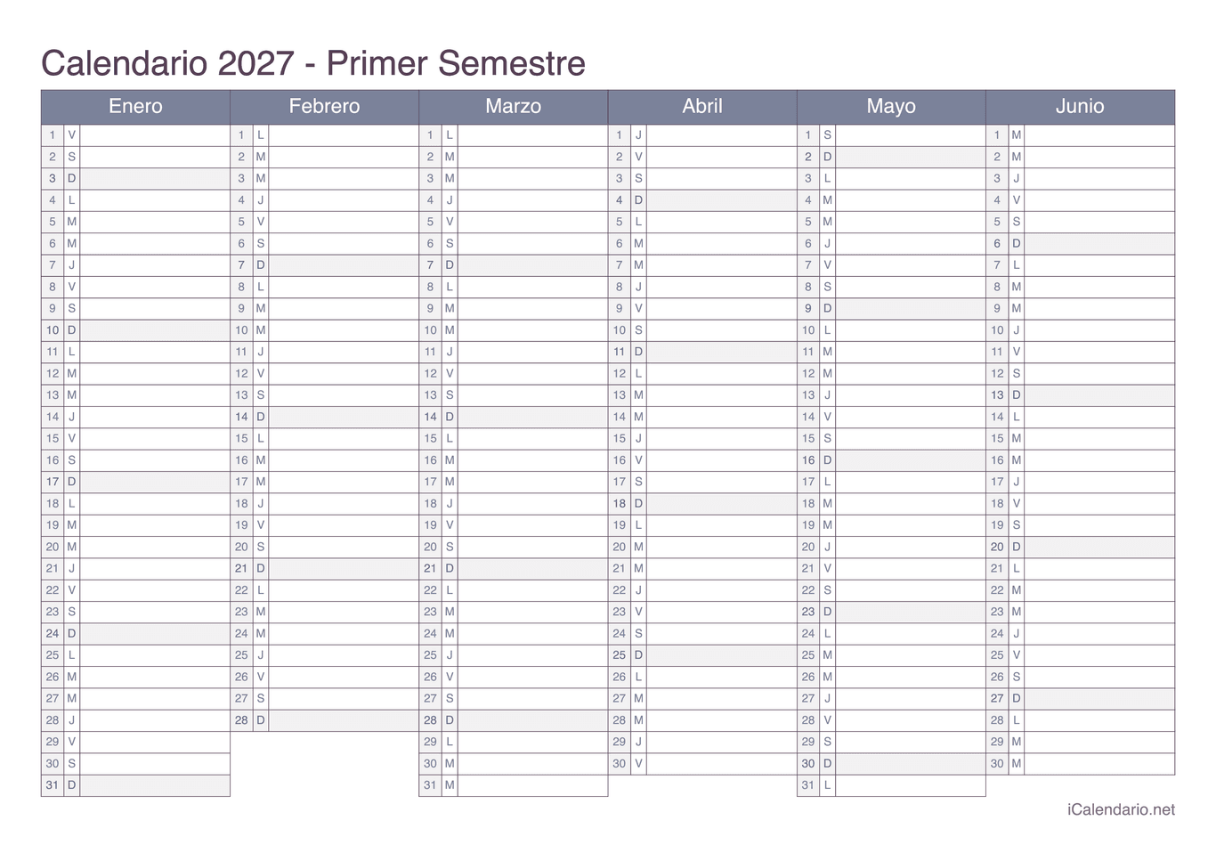 Calendario por semestre 2027 - Office