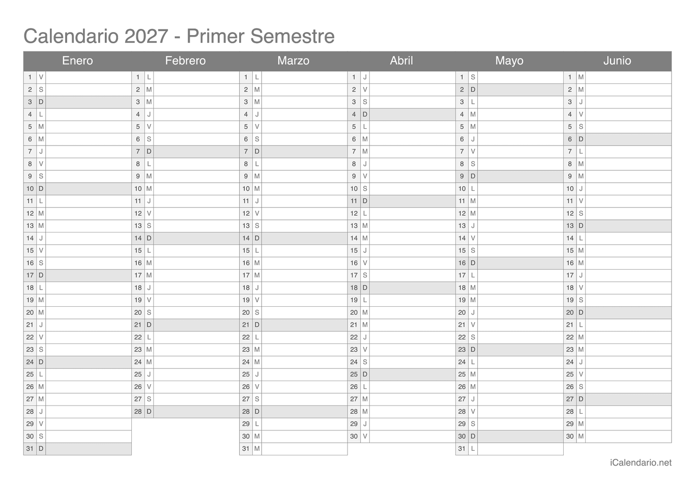 Calendario por semestre 2027