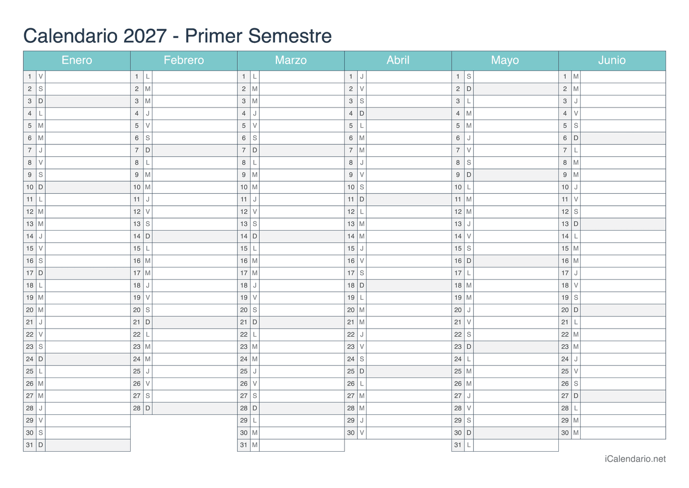 Calendario por semestre 2027 - Turquesa