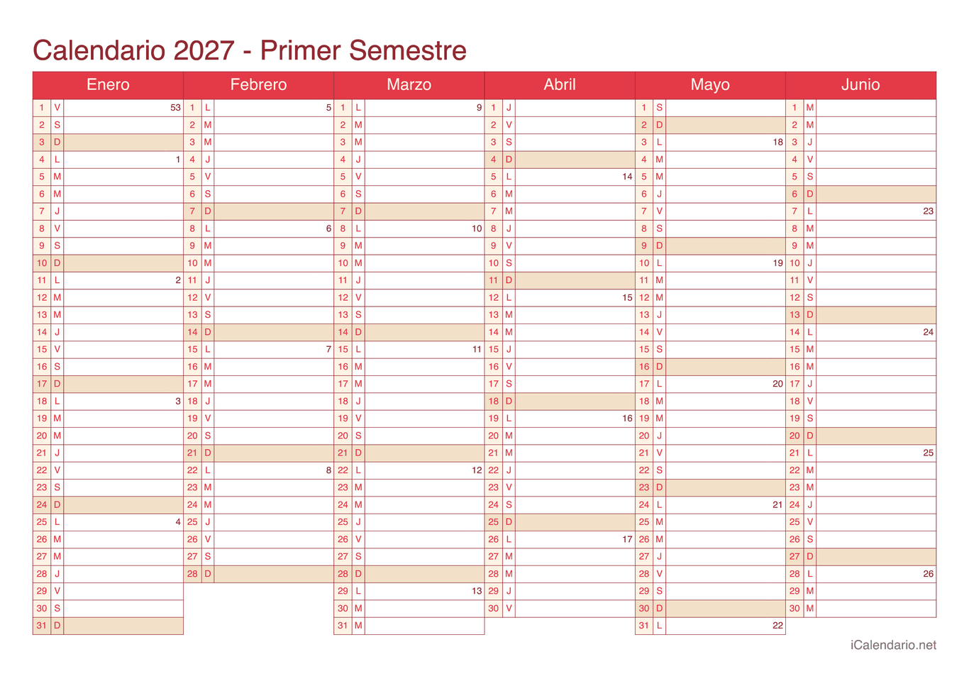Calendario por semestre com números da semana 2027 - Cherry