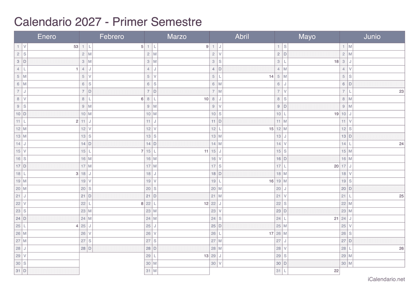 Calendario por semestre com números da semana 2027 - Office