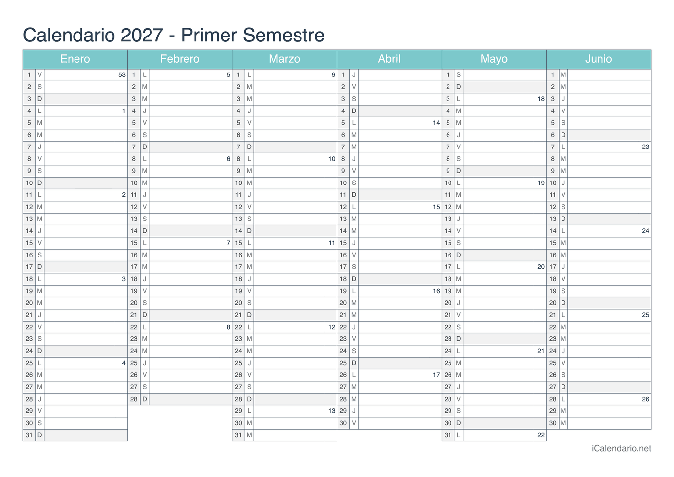Calendario por semestre com números da semana 2027 - Turquesa