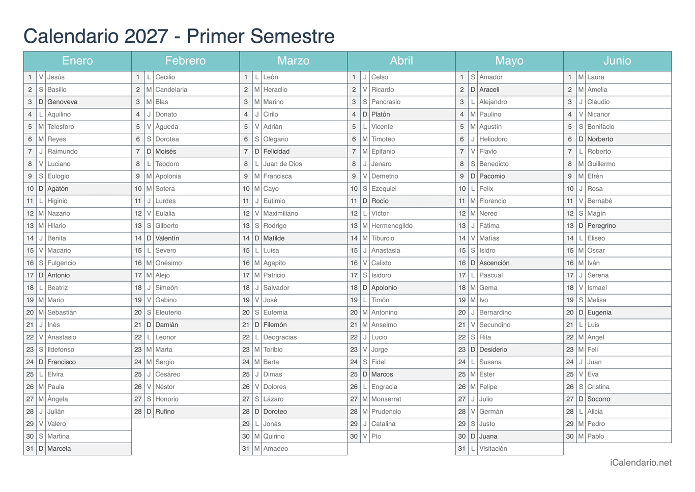 Calendario por semestre 2027 com festa do dia - Turquesa